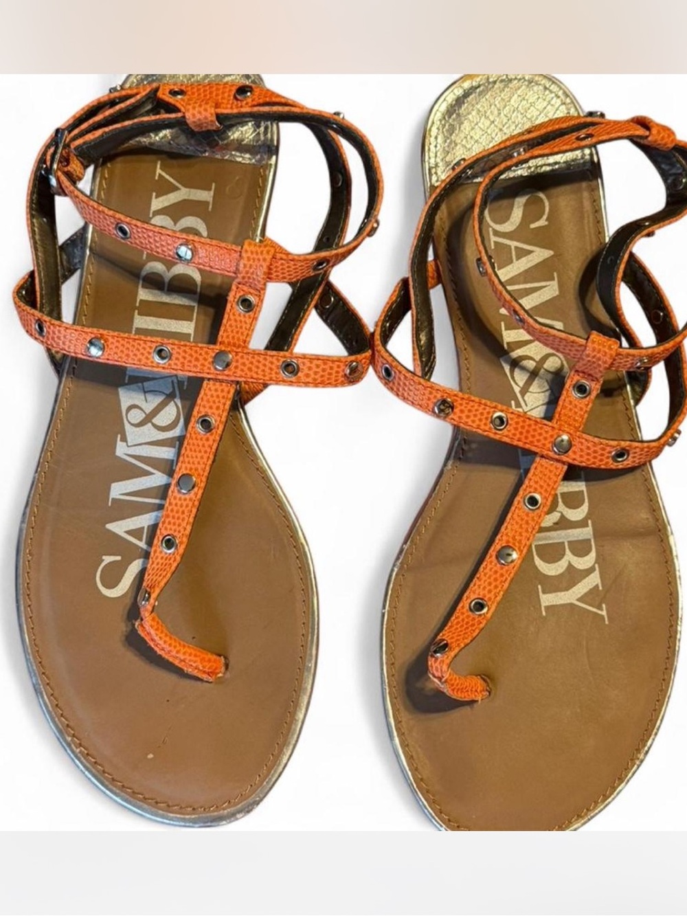 Sam & Libby Orange Studded T-Strap Sandals